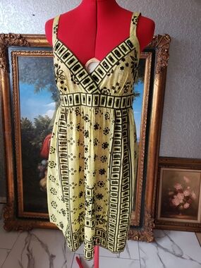 Yellow Floral-Print Mini Dress with Black Border Detail
